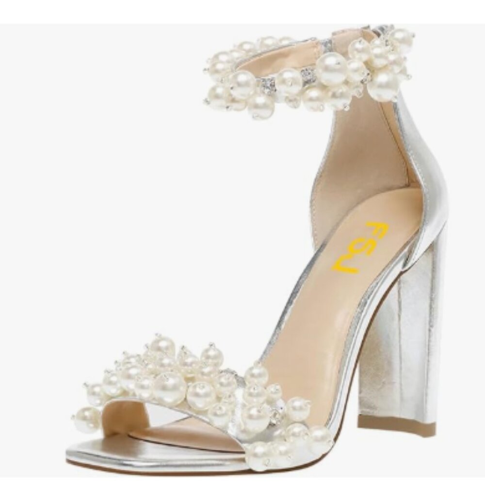 FSJ Silver Chunky Heels Full Pearls Ankle Strap Sandal Open Toe Back Zipper Shoe